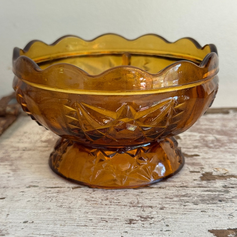 Vintage Amber Glass Fairy Lamp Pedestal Stars and Bars Scalloped Base Only MCM